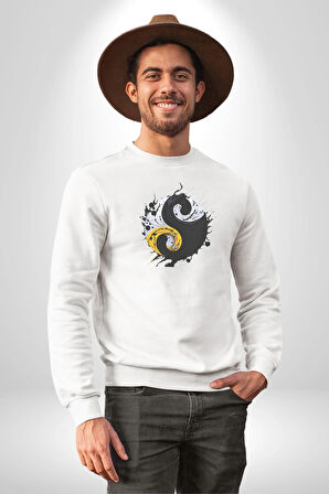 Yin İle Yang Kuramı   Kadın Erkek  Beyaz Baskılı Sweatshirt 