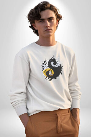 Yin İle Yang Kuramı   Kadın Erkek  Beyaz Baskılı Sweatshirt 