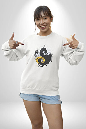 Yin İle Yang Kuramı   Kadın Erkek  Beyaz Baskılı Sweatshirt 