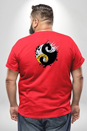 Yin İle Yang Kuramı   Büyük Beden Kırmızı Tişört Kadın Erkek Ünisex Sırt Baskılı