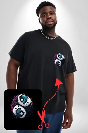 Renkli Yin İle Yang Kuramı   Siyah Büyük Beden Kadın Basic Minimal Baskılı Tişört