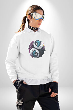 Renkli Yin İle Yang Kuramı   Kadın Erkek  Beyaz Baskılı Sweatshirt 