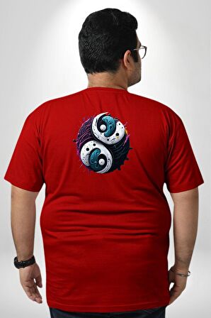 Renkli Yin İle Yang Kuramı   Büyük Beden Kırmızı Tişört Kadın Erkek Ünisex Sırt Baskılı