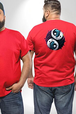 Renkli Yin İle Yang Kuramı   Büyük Beden Kırmızı Tişört Kadın Erkek Ünisex Sırt Baskılı