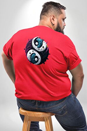 Renkli Yin İle Yang Kuramı   Büyük Beden Kırmızı Tişört Kadın Erkek Ünisex Sırt Baskılı