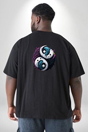 Renkli Yin İle Yang Kuramı   Büyük Beden Siyah Tişört Kadın Erkek Ünisex Sırt Baskılı