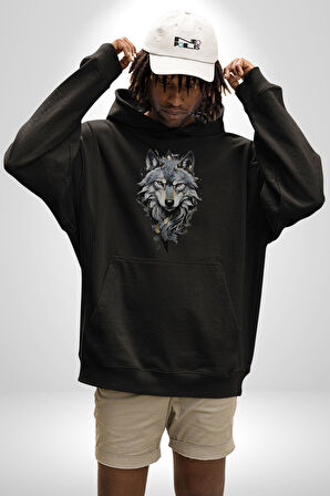 Beyaz Kurt  Kadın Erkek  Siyah Kapüşonlu Sweatshirt Hoodie