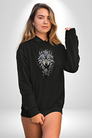 Beyaz Kurt  Kadın Erkek  Siyah Kapüşonlu Sweatshirt Hoodie