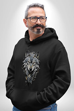 Beyaz Kurt  Kadın Erkek  Siyah Kapüşonlu Sweatshirt Hoodie