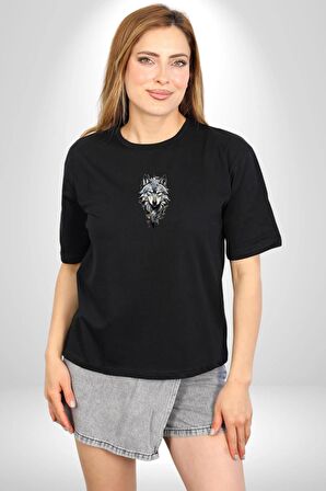 Beyaz Kurt  Siyah Oversize Kadın Erkek Ön Orta Minimal Baskılı Tişört