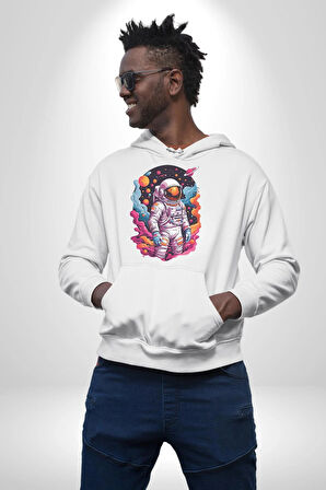 Ay Mars Astronot Kadın Erkek  Beyaz Kapüşonlu Sweatshirt Hoodie