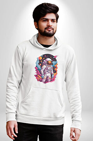 Ay Mars Astronot Kadın Erkek  Beyaz Kapüşonlu Sweatshirt Hoodie