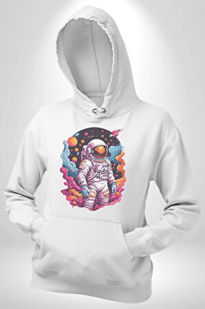 Ay Mars Astronot Kadın Erkek  Beyaz Kapüşonlu Sweatshirt Hoodie