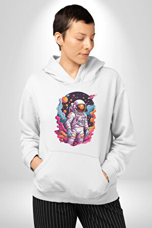 Ay Mars Astronot Kadın Erkek  Beyaz Kapüşonlu Sweatshirt Hoodie