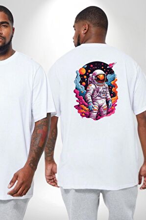 Ay Mars Astronot Büyük Beden Beyaz Tişört Kadın Erkek Ünisex Sırt Baskılı