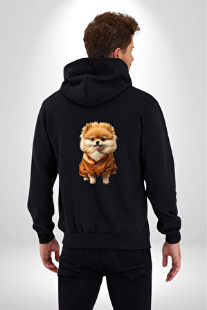 Teacup Pomernian Çeket  Kadın Erkek Siyah Renk Kapüşonlu Kanguru Cepli  Fermuarlı Pamuklu Oversize Dijital Baskılı Hırka Sweatshirt