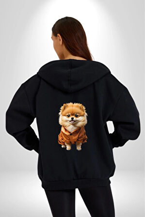 Teacup Pomernian Çeket  Kadın Erkek Siyah Renk Kapüşonlu Kanguru Cepli  Fermuarlı Pamuklu Oversize Dijital Baskılı Hırka Sweatshirt