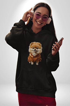 Teacup Pomernian Çeket  Kadın Erkek  Siyah Kapüşonlu Sweatshirt Hoodie