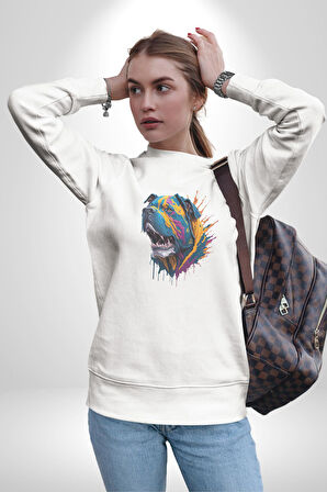 Köpek Saint Bernard Havlama  Kadın Erkek  Beyaz Baskılı Sweatshirt 