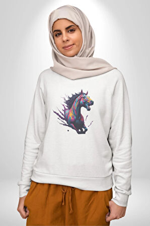 Renkli At Koşu  Kadın Erkek  Beyaz Baskılı Sweatshirt 