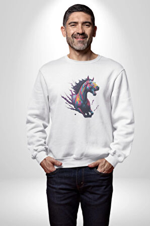 Renkli At Koşu  Kadın Erkek  Beyaz Baskılı Sweatshirt 