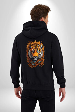 Kaplan Süs  Kadın Erkek Siyah Renk Kapüşonlu Kanguru Cepli  Fermuarlı Pamuklu Oversize Dijital Baskılı Hırka Sweatshirt