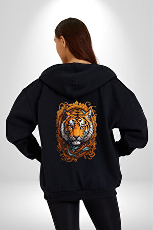 Kaplan Süs  Kadın Erkek Siyah Renk Kapüşonlu Kanguru Cepli  Fermuarlı Pamuklu Oversize Dijital Baskılı Hırka Sweatshirt