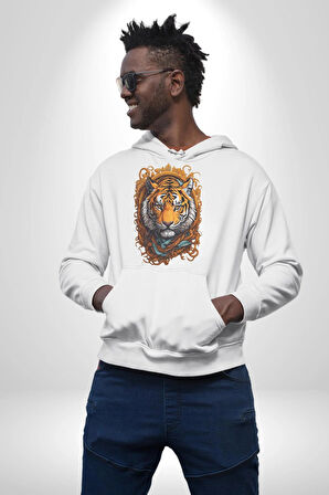 Kaplan Süs  Kadın Erkek  Beyaz Kapüşonlu Sweatshirt Hoodie