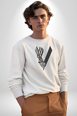 Vikings Kadın Erkek  Beyaz Baskılı Sweatshirt 