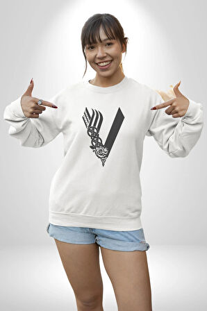Vikings Kadın Erkek  Beyaz Baskılı Sweatshirt 