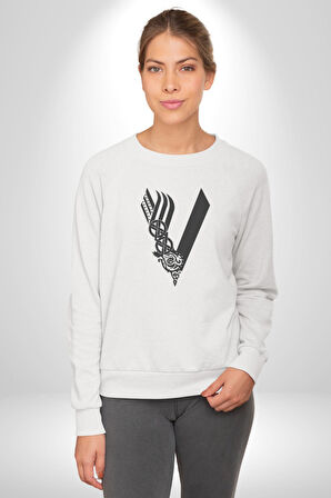 Vikings Kadın Erkek  Beyaz Baskılı Sweatshirt 