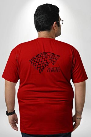 Winter is Coming Game of Thrones  Büyük Beden Kırmızı Tişört Kadın Erkek Ünisex Sırt Baskılı