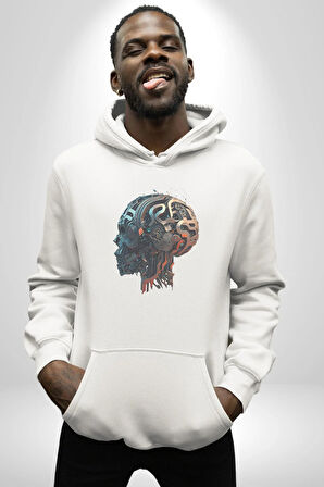 Robot Kafası Kız Kadın Erkek  Beyaz Kapüşonlu Sweatshirt Hoodie