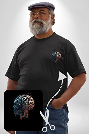 Robot Kafası Kız Siyah Büyük Beden Kadın Basic Minimal Baskılı Tişört