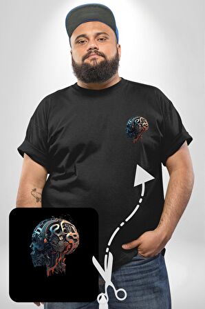 Robot Kafası Kız Siyah Büyük Beden Kadın Basic Minimal Baskılı Tişört