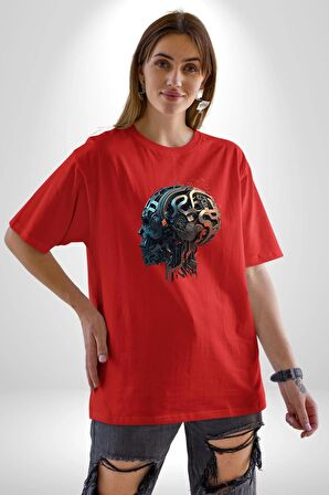 Robot Kafası Kız Pamuklu Bisiklet Yaka Kadın Erkek Oversize Boyfriend Dijital Baskılı Kırmızı T-Shirt