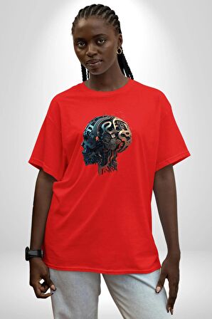 Robot Kafası Kız Pamuklu Bisiklet Yaka Kadın Erkek Oversize Boyfriend Dijital Baskılı Kırmızı T-Shirt