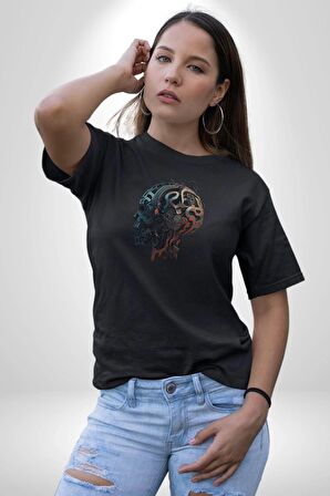 Robot Kafası Kız Kadın Erkek Unisex Siyah Organik Baskılı T-Shirt Penye Yüksek Kalite