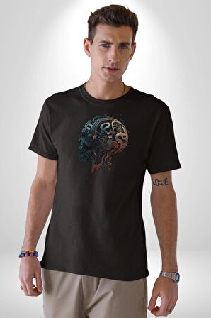 Robot Kafası Kız Kadın Erkek Unisex Siyah Organik Baskılı T-Shirt Penye Yüksek Kalite