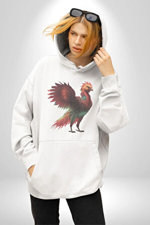 Anka Kuşu Ateş Kuşu Kadın Erkek  Beyaz Kapüşonlu Sweatshirt Hoodie