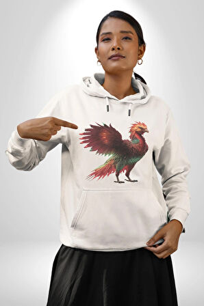 Anka Kuşu Ateş Kuşu Kadın Erkek  Beyaz Kapüşonlu Sweatshirt Hoodie