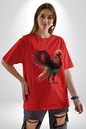 Anka Kuşu Ateş Kuşu Pamuklu Bisiklet Yaka Kadın Erkek Oversize Boyfriend Dijital Baskılı Kırmızı T-Shirt