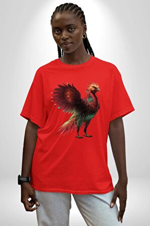 Anka Kuşu Ateş Kuşu Pamuklu Bisiklet Yaka Kadın Erkek Oversize Boyfriend Dijital Baskılı Kırmızı T-Shirt