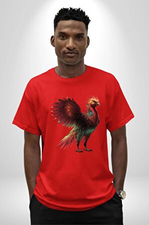 Anka Kuşu Ateş Kuşu Pamuklu Bisiklet Yaka Kadın Erkek Oversize Boyfriend Dijital Baskılı Kırmızı T-Shirt