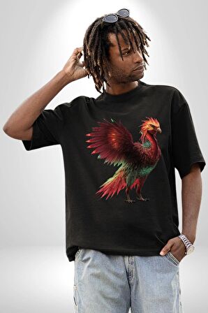 Anka Kuşu Ateş Kuşu Pamuklu Bisiklet Yaka Kadın Erkek Oversize Boyfriend Dijital Baskılı Siyah T-shirt