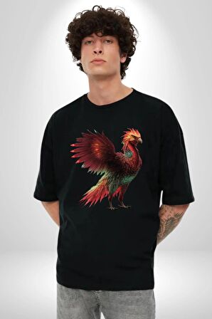 Anka Kuşu Ateş Kuşu Pamuklu Bisiklet Yaka Kadın Erkek Oversize Boyfriend Dijital Baskılı Siyah T-shirt