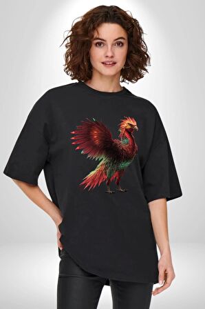 Anka Kuşu Ateş Kuşu Pamuklu Bisiklet Yaka Kadın Erkek Oversize Boyfriend Dijital Baskılı Siyah T-shirt