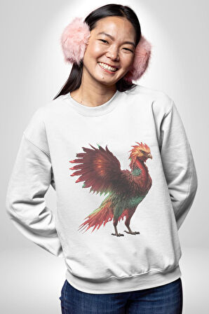 Anka Kuşu Ateş Kuşu Kadın Erkek  Beyaz Baskılı Sweatshirt 