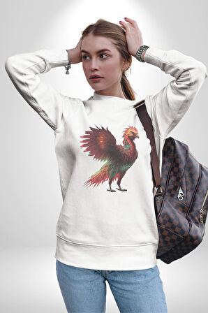 Anka Kuşu Ateş Kuşu Kadın Erkek  Beyaz Baskılı Sweatshirt 