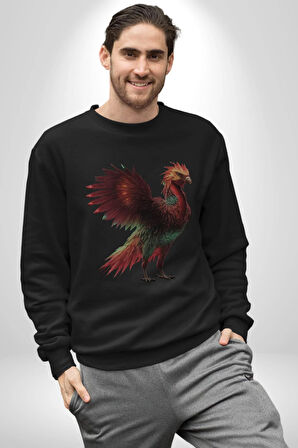 Anka Kuşu Ateş Kuşu Kadın Erkek  Siyah Baskılı Sweatshirt 